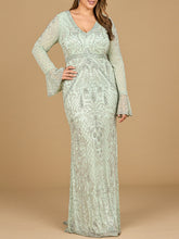 Load image into Gallery viewer, Long Bell Sleeve V-Neck Beaded Gown