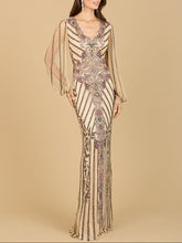 Load image into Gallery viewer, Long Flutter Sleeves Beaded Dress