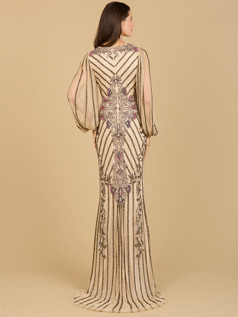 Long Flutter Sleeves Beaded Dress