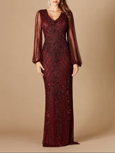 Load image into Gallery viewer, Long Flutter Sleeves Beaded Dress