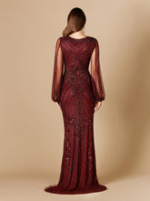 Load image into Gallery viewer, Long Flutter Sleeves Beaded Dress