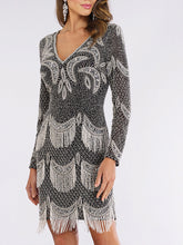 Load image into Gallery viewer, Lara 29377 - Long Sleeve Beaded V-Neck Fringe Cocktail Dress