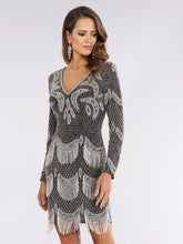 Load image into Gallery viewer, Lara 29377 - Long Sleeve Beaded V-Neck Fringe Cocktail Dress