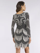 Load image into Gallery viewer, Lara 29377 - Long Sleeve Beaded V-Neck Fringe Cocktail Dress