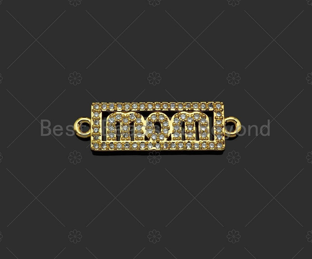 Gold Filled CZ Micro Pave Mom Word On Rectangle Shape Connector, 18K Gold Filled Connector, Mother's Day Gift, 25x8mm,Sku#LD112