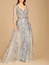 Load image into Gallery viewer, Long Sleeve Contrast Embroidered Gown with Overskirt