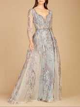 Load image into Gallery viewer, Long Sleeve Contrast Embroidered Gown with Overskirt
