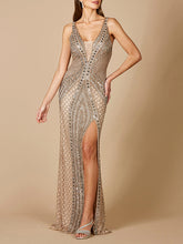 Load image into Gallery viewer, Lara 29499 - Embellished Long Dress with Thigh High Slit