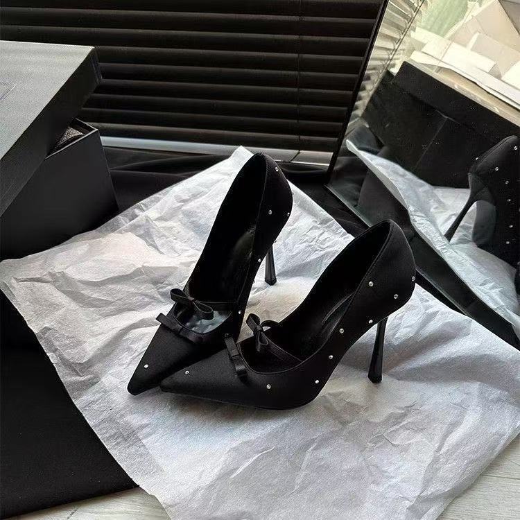 Women's Rhinestone Bow Pointed Toe Stiletto Heels - Elegant Satin High Heels