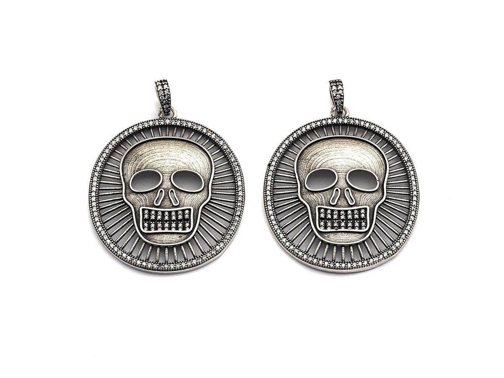 Antique Finish CZ Micro Pave Hollow out Skull Pendant, Silver Tone, 39x46mm,sku#F988C