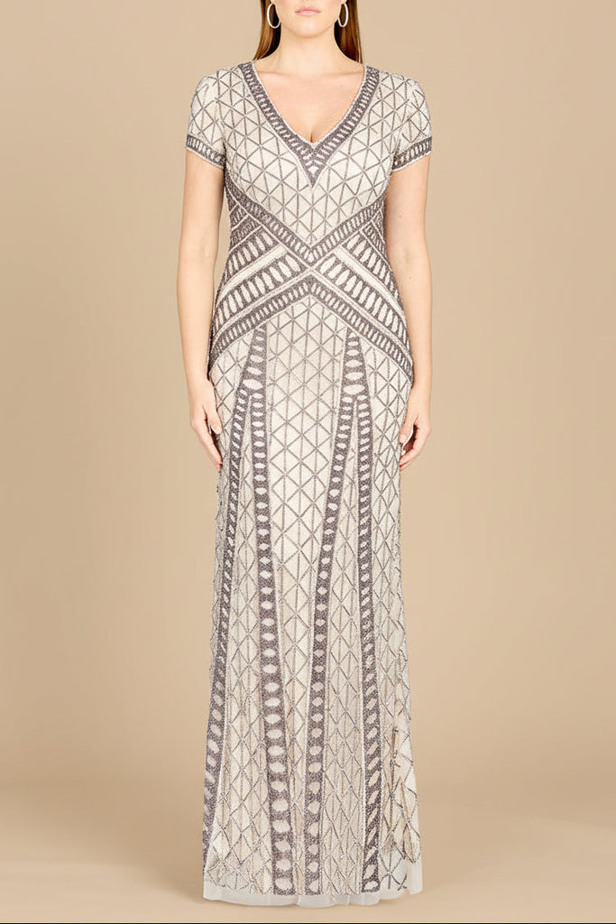 Lara 29746 - Beaded V-Neckline Dress with Cap Sleeves