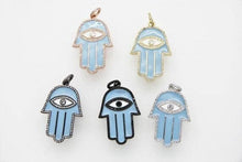 Load image into Gallery viewer, Enamel Oil Drop Hamas Hand Pendant,Cubic Zirconia Hamas Hand Pave Pendant, Blue Pave Pendant, 29x43mm, SKU#F599C
