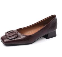 Load image into Gallery viewer, Womens Retro Square-Toe Sheepskin Leather Chunky Heel Pumps | Low Heel Slip-On Dress Shoes