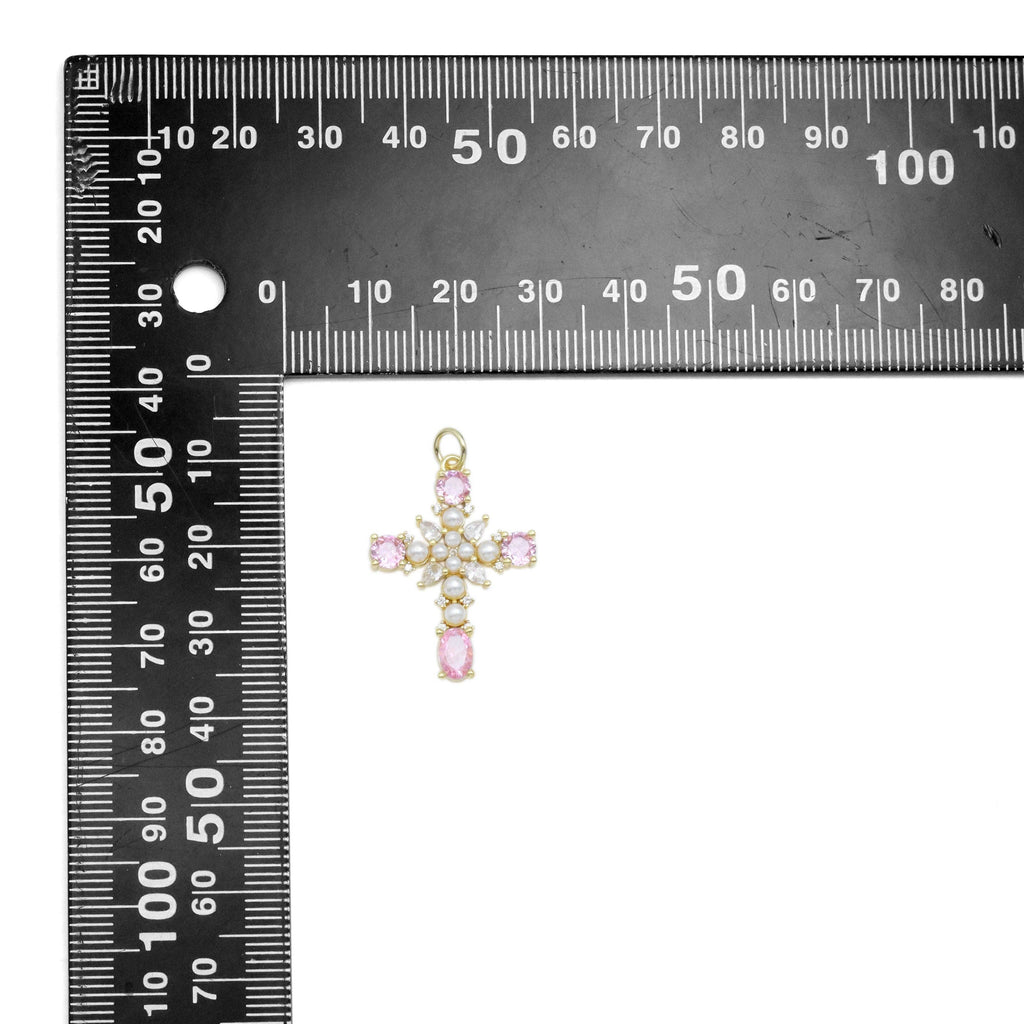 Pearl CZ Pave Cross Gold Silver pink Pendant, Sku#A221
