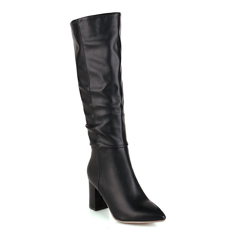 Women's Fleece-Lined Chunky Heel Mid-Calf Boots | Pointed Toe Slip-On Winter Boots