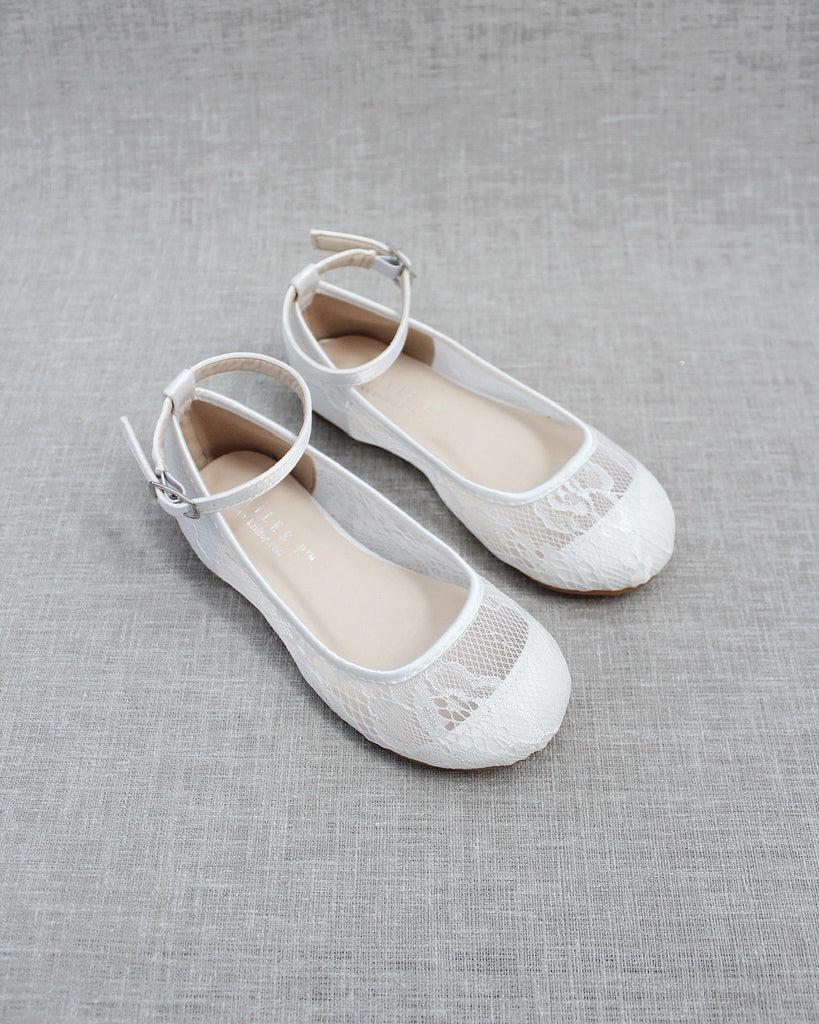White New Lace Ballet Flats with Ankle Strap