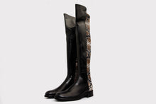 Load image into Gallery viewer, The Moengo Black Leather Leopard Knee High Women Boot