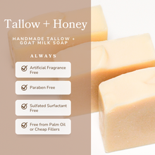 Load image into Gallery viewer, Pure Tallow + Honey Fragrance Free Handmade Tallow and Goat Milk Soap Bar