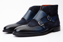 Load image into Gallery viewer, The Albus Navy Blue Leather &amp; Suede Double Strap Monk Brogue Men Boot
