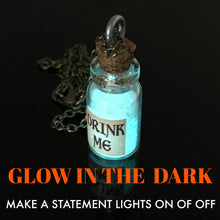 Load image into Gallery viewer, Drink Me Bottle Necklace Glass Vial Fantasy Jewelry Aqua Blue Rusty Glow in the Dark