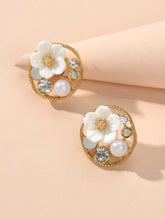 Load image into Gallery viewer, White Floral Stud Earrings Gold Triangle Earrings Set Elegant Jewelry Collection