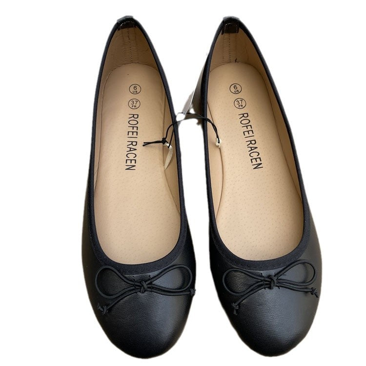 Women's Bow Flat Shoes – PU Leather Slip-On Round Toe Ballet Flats