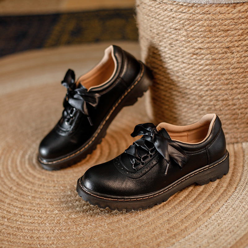 Women's Retro Silk Lace-Up Chunky Heel Pumps - Vintage British Style Leather Shoes
