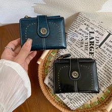 Load image into Gallery viewer, Women's Vintage Oil Leather Wallet - Floral Embossed Short Bifold with RFID Protection