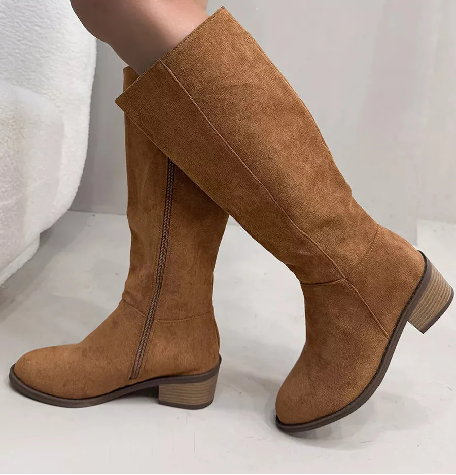 Women's Suede Knee-High Boots | Side Zipper Mid-Heel | Knee High Boots for Women