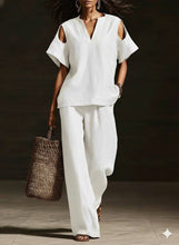 Load image into Gallery viewer, V-Neck Short Sleeve Top &amp; Straight-Leg Pants Set – Ripped Detail, Pockets, Solid Color