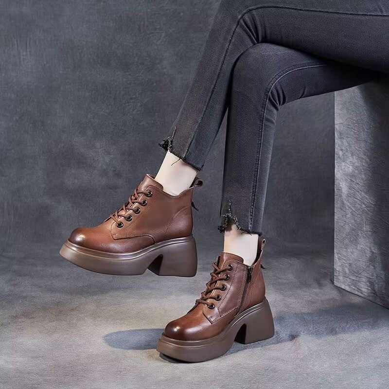 Women's Mid-Calf Chunky Heel Boots | Side Zipper | PU Leather | Black Beige Brown
