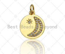 Load image into Gallery viewer, Dainty Shiny Gold Moon Star Round Coin Charms, Dainty Charms, Godl Coin Charm, Gold Pendant, 12x14mm, Sku#LK118