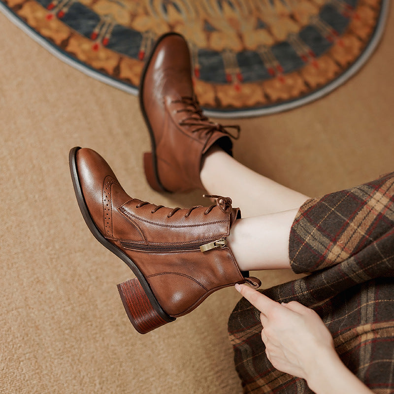 Women's Retro Leather Ankle Boots – Chunky Heel, Side Zipper & Lace-Up | Cowhide Upper