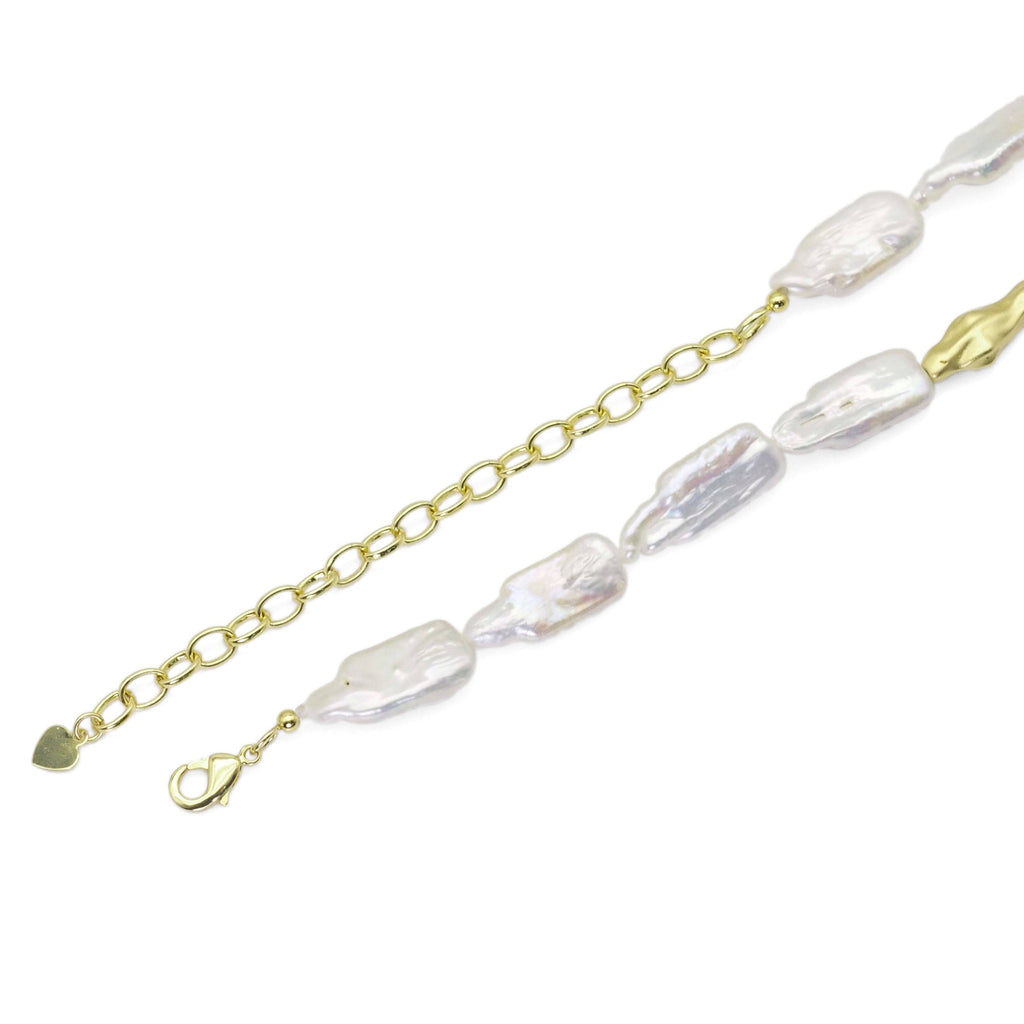 Freshwater Long Nugget Biwa Pearl with Gold Spacer Necklace, Y866
