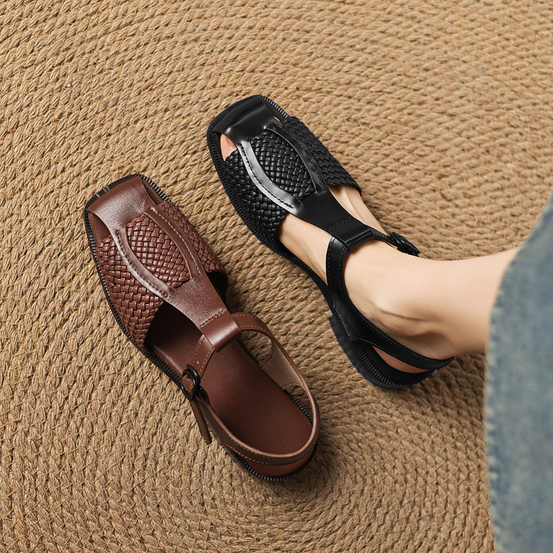 Women's Woven T-Strap Block Heel Sandals | Oiled Cowhide Square-Toe