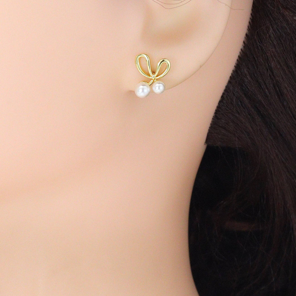 White Pearl Gold Bowknot Star Fish Stud Earring,Sku#LD747