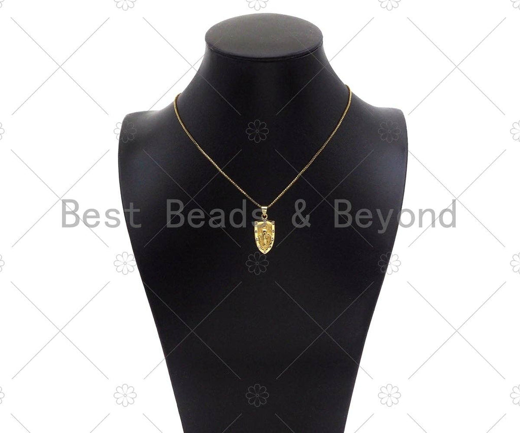 CZ Micro Pave Embossed Jesus/Virgin Mary On Shield Shape Pendant, 18K Gold Religion Charm, Necklace Bracelet Charm Pendant,12x24mm,Sku#LK308