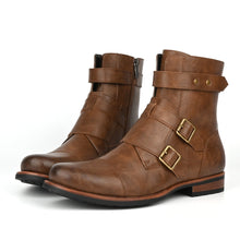 Load image into Gallery viewer, Men's Vintage Denim Boots | Metal Buckle Side-Zip Low Heel – Black &amp; Brown