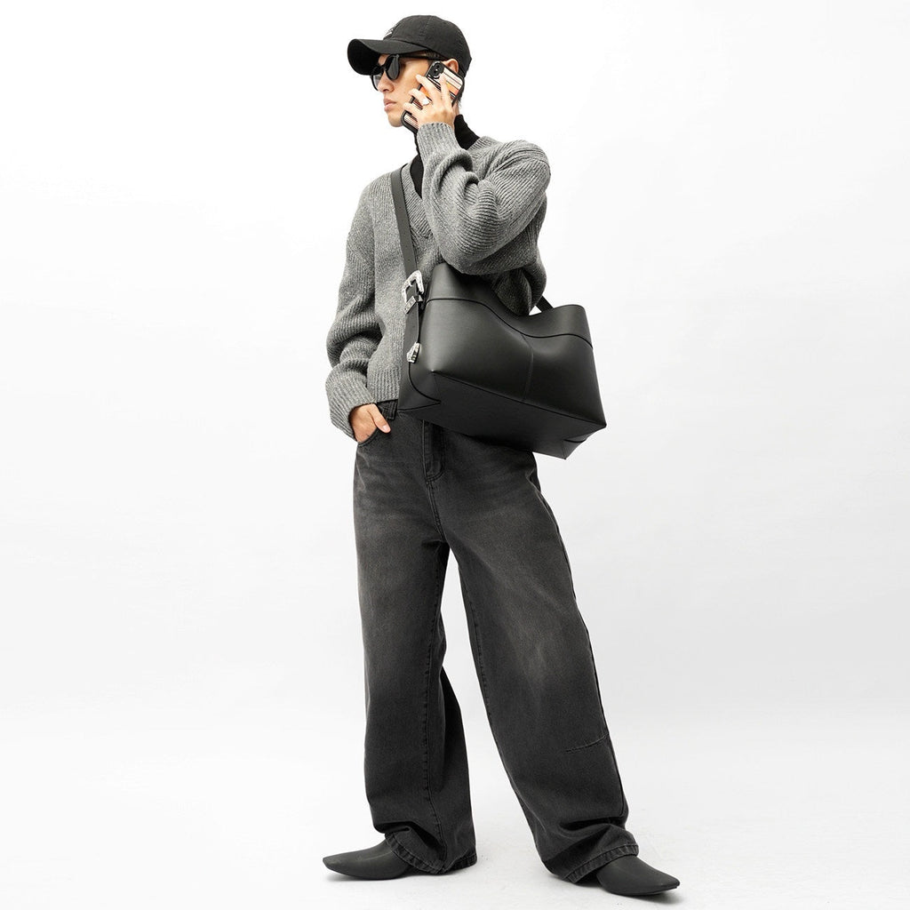 Men's Large Silver Quilted Crossbody Bag – Urban Minimalist PU Leather Shoulder Bag