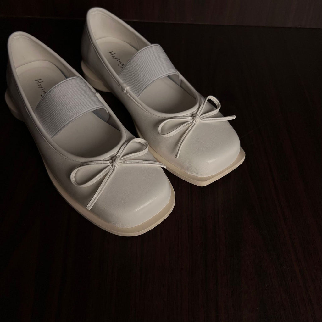 Women's Bow-Knot Genuine Leather Ballet Flats - Chunky Heel Mary Jane Shoes