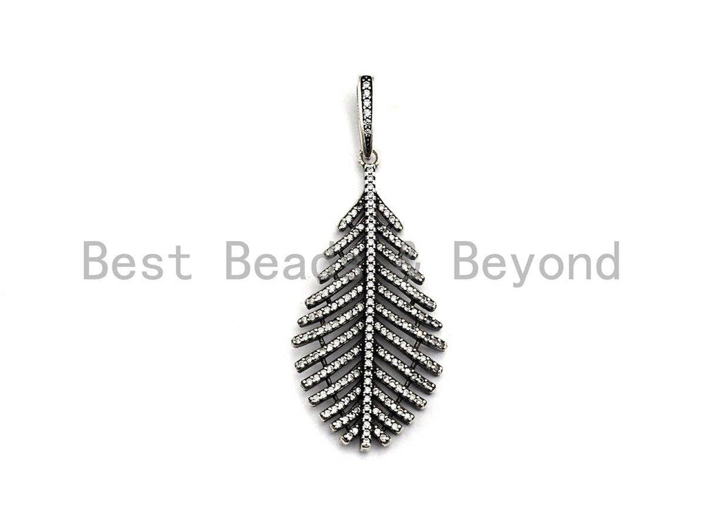 CZ Micro Pave Leaf Pendant, Antique Silver Tone, Clear Cubic Zirconia Big Pave Leaf Charm Pendant, 22x44mm,sku#F1010C