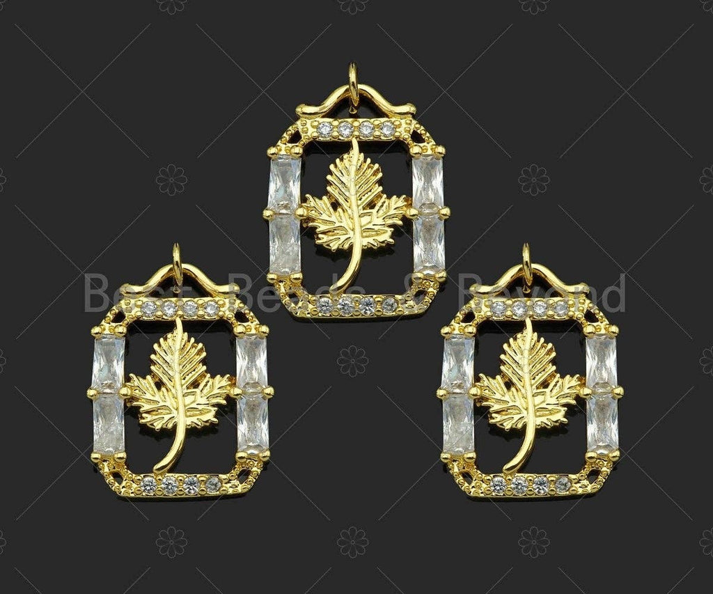 CZ Micro Pave Maple Leaf On Rectangular Frame Shape Pendant/Charm,Big CZ Charm, Necklace Bracelet Charm Pendant,19x24mm, Sku#LK260