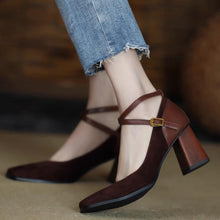 Load image into Gallery viewer, Women's Retro Chunky Heel Suede Pumps | Square Toe High Heels | Brown &amp; Black