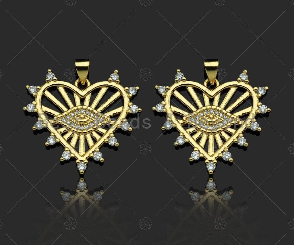 Gold Filled CZ Micro Pave Evil Eye On Heart Shape Pendant, 18K Gold Filled Heart Charm, Necklace Bracelet Charm Pendant, 27x24mm,Sku#LD93