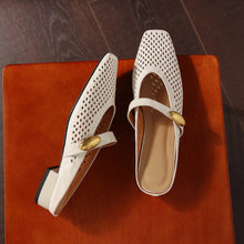 Load image into Gallery viewer, Women's Sheepskin Mary Jane Mules | Perforated Square Toe Low Block Heel Slides