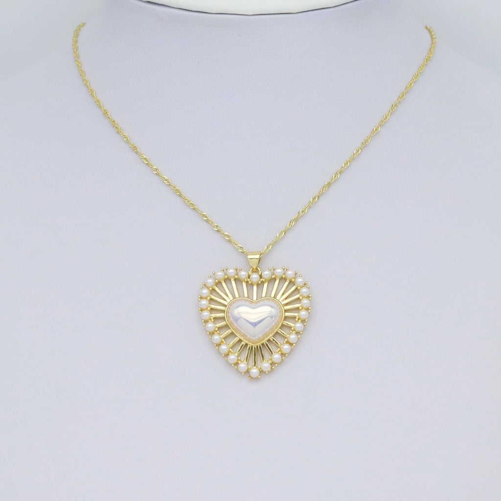 Large CZ Pave Pearl Heart  Pendant, Sku#LX626