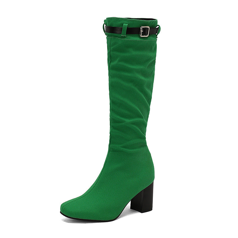 Chunky-Heeled Over-the-Knee Boots with Color-Block Leather Belt Buckle - Women's High Fashion Boots