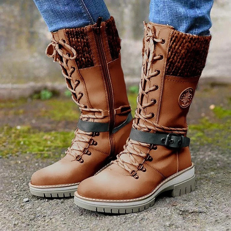 Women's Round-Toe Square-Heel Buckle Boots | Knit-Mesh Dr Martens-Style Ankle Boots