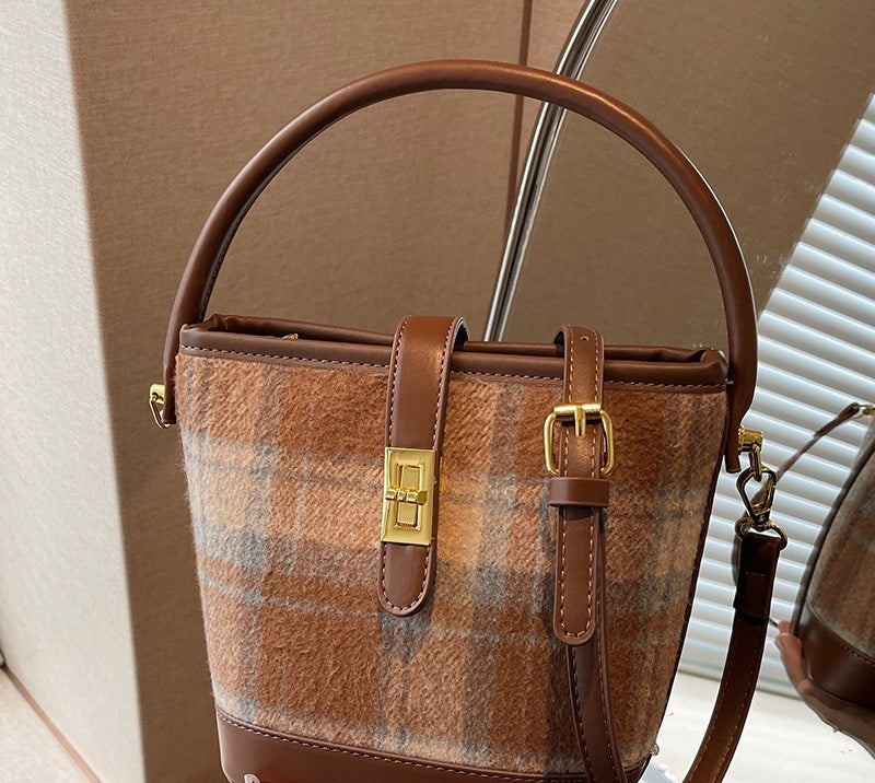 Vintage Plaid Suede Tote Bucket Bag - Korean Style Shoulder Handbag for Women