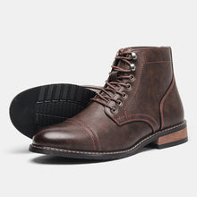 Load image into Gallery viewer, Men's Vintage Casual Leather Boots – Mid-Calf Wedge Heel, Rubber Sole, Stitched Paneling